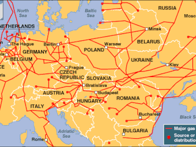 Bản đồ đường ống (đường màu đỏ) và các bể dự trữ khí (chấm đỏ) ở châu Âu