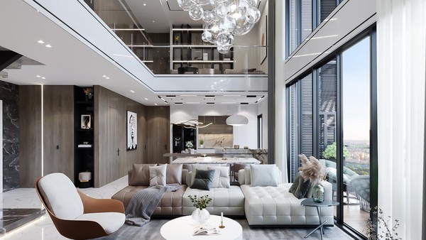 Căn Duplex “lên sóng” livestream số 2 là một trong những căn hộ đẹp nhất dự án, với 3 phòng ngủ, diện tích sử dụng hơn 155m2, thiết kế thông tầng đẳng cấp, trần cao và tầm view panorama đắt giá như một biệt thự trên không. Với nội thất hoàn thiện liền tường cao cấp, khách hàng có thể vào ở hoặc cho thuê ngay - một lợi thế vượt trội so với các dự án đang mở bán khác vẫn trong quá trình thi công.