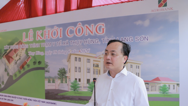 Ông Tô Huy Vũ. Chủ tịch HĐTV Agribank phát biểu tại buổi lễ khởi công xây dựng Trạm Y tế xã Thụy Hùng, tỉnh Lạng Sơn