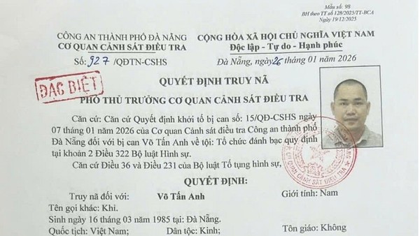 Cơ quan Cảnh sát điều tra, Công an TP. Đà Nẵng truy nã đặc biệt đối tượng Võ Tấn Anh (sinh năm 1985, trú phường Hòa Cường, Đà Nẵng). 