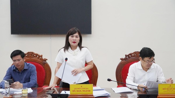 Bà Lê Thị Thương, Phó Giám đốc Sở Tài chính Quảng Trị báo cáo tại buổi làm việc. Ảnh: Đặng Hà