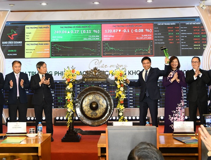 Lễ đánh cồng khai trương phiên giao dịch chứng khoán đầu năm 2026 được tổ chức tại Sở Giao dịch Chứng khoán Hà Nội