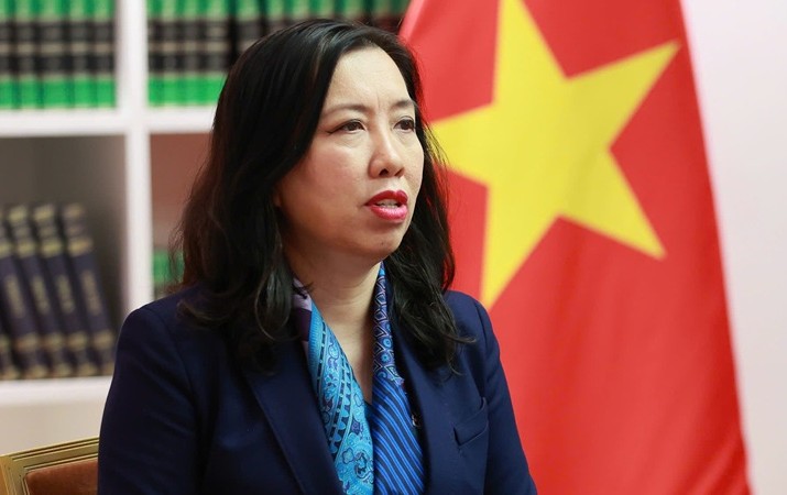 Thứ trưởng Bộ Ngoại giao Lê Thị Thu Hằng trả lời phỏng vấn báo chí.