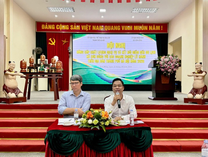 Hội nghị “Nâng cấp chất lượng dịch vụ và kết nối điểm đến du lịch của xã Sơn Đồng với các doanh nghiệp lữ hành trên địa bàn TP. Hà Nội năm 2026”. Ảnh: Hồ Hạ.