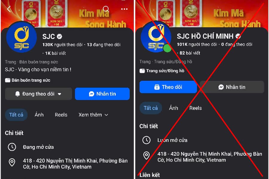 Vàng SJC cảnh báo thủ đoạn làm giả fanpage của SJC để lừa đảo