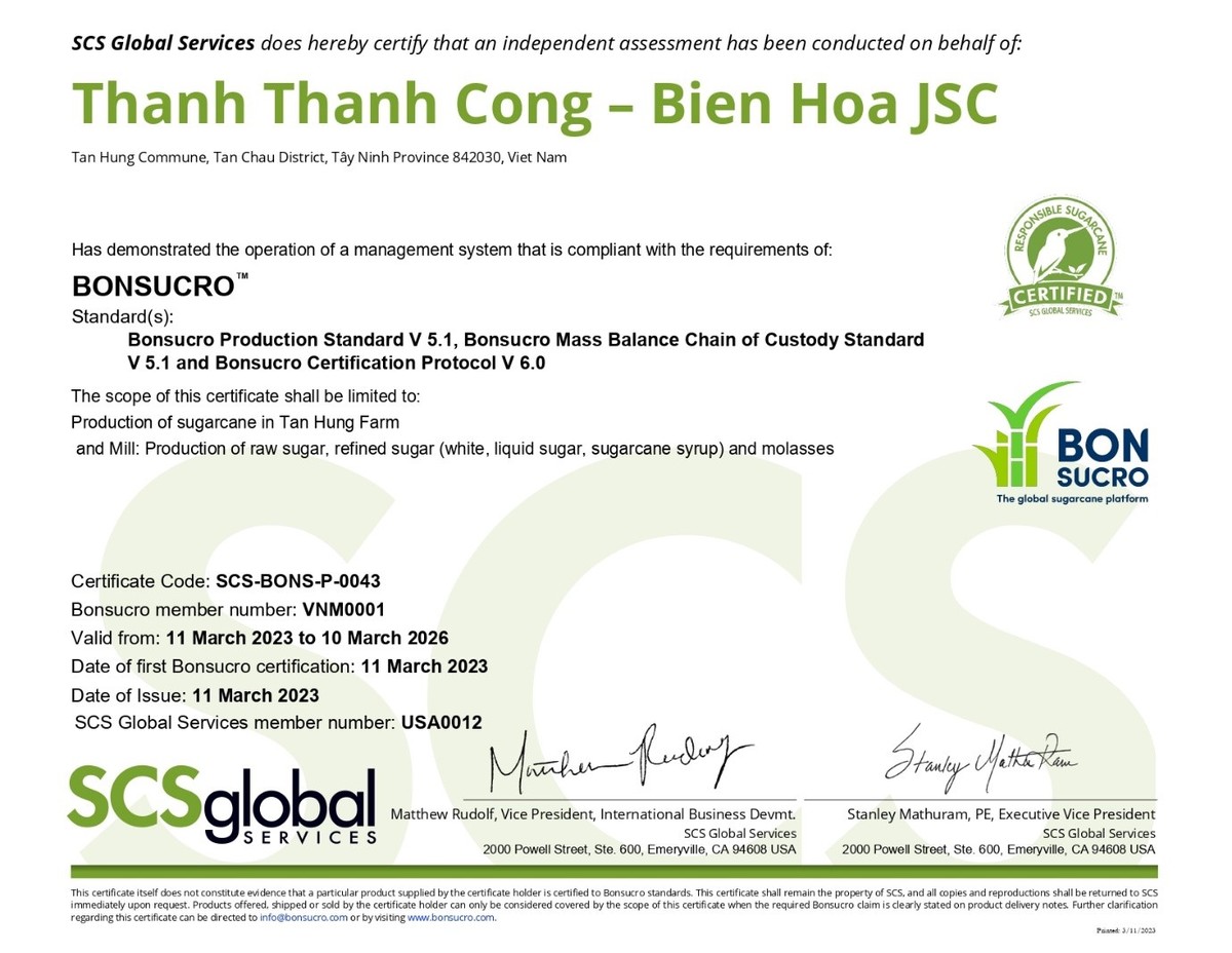 Nhà máy TTCS và Nông trường Tân Hưng, trực thuộc TTC AgriS vinh hạnh được Bonsucro chứng nhận đạt đủ các tiêu chuẩn về quy trình sản xuất, tiêu chuẩn nguồn gốc của sản phẩm