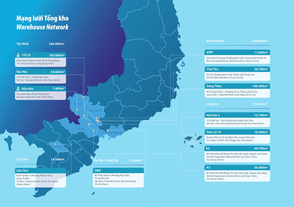 Sơ đồ mạng lưới tổng kho của TTC Đặng Huỳnh tại các tỉnh thành