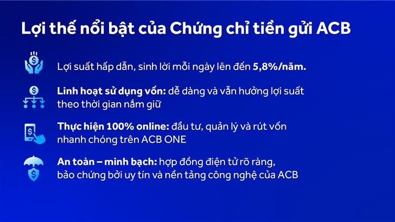 Chứng chỉ tiền gửi ACB có nhiều lợi thế nổi bật, là giải pháp sinh lời vượt trội cho người kinh doanh và nhà đầu tư cá nhân . Chứng chỉ tiền gửi ACB có nhiều lợi thế nổi bật, là giải pháp sinh lời vượt trội cho người kinh doanh và nhà đầu tư cá nhân .