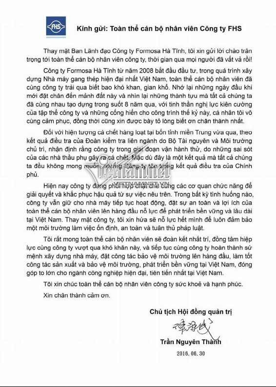 Chủ tịch Formosa gửi thư cho toàn bộ nhân viên ảnh 1 Chủ tịch Formosa gửi thư cho toàn bộ nhân viên ảnh 1