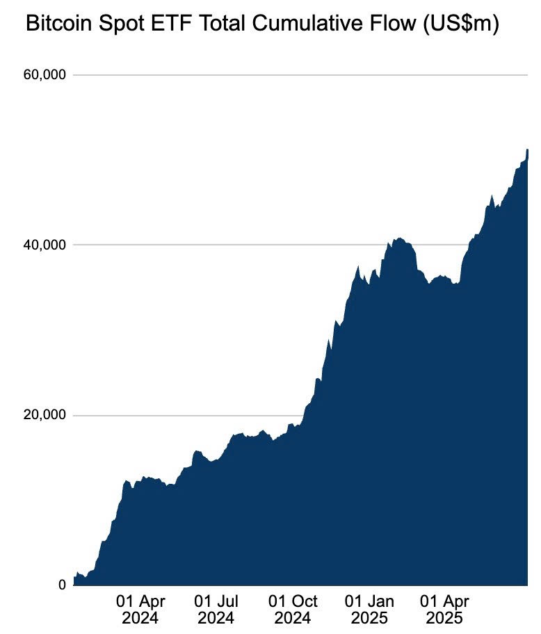 Dòng tiền ròng luỹ kế chảy vào ETF bitcoin giao ngay (triệu USD Dòng tiền ròng luỹ kế chảy vào ETF bitcoin giao ngay (triệu USD