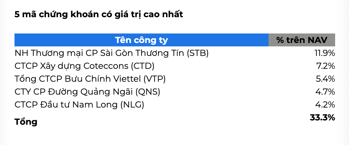 Top 5 cổ phiếu chiếm tỷ trọng lớn nhất danh mục Top 5 cổ phiếu chiếm tỷ trọng lớn nhất danh mục