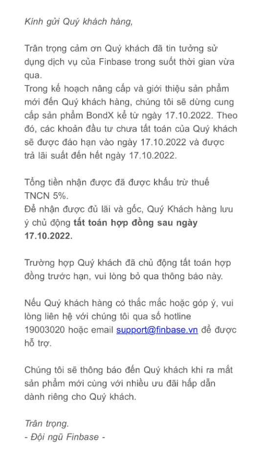 Email Finbase thông báo dừng sản phẩm BondX
