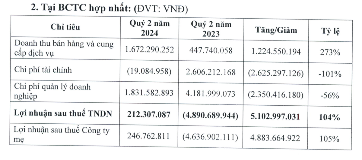 Một số chỉ tiêu tài chính của AAV trong quý II/2024 Một số chỉ tiêu tài chính của AAV trong quý II/2024