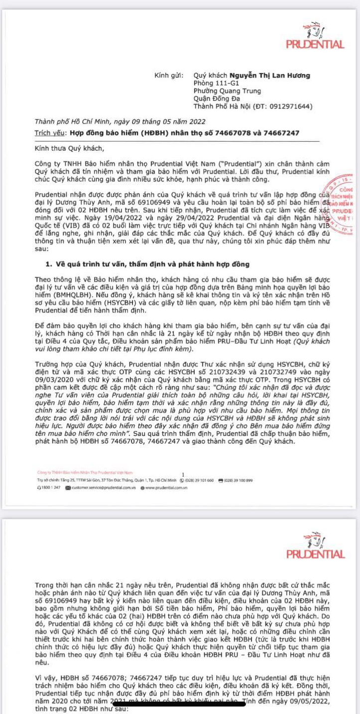 Thư trả lời khách hàng của Prudential ngày 9/5/2022