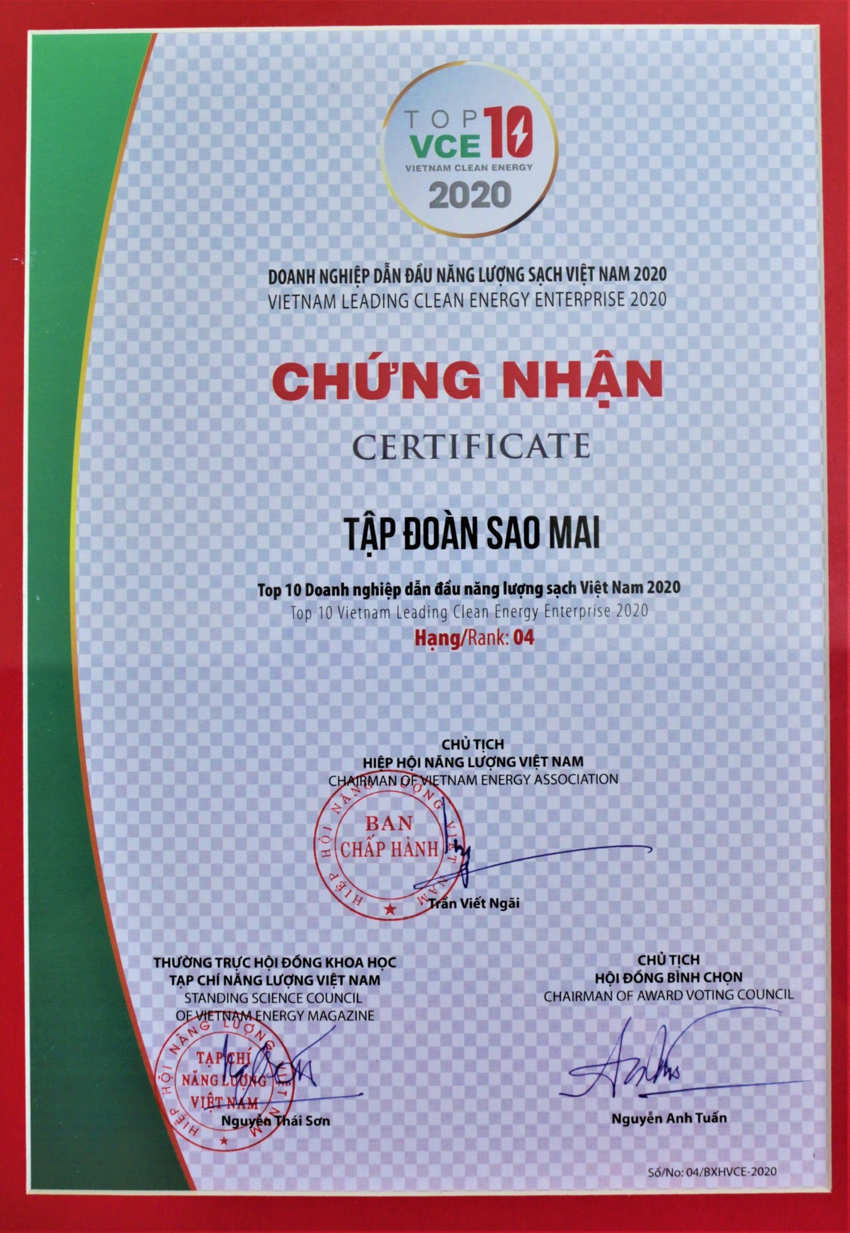 Sao Mai Group giữ vị trí “chiếu trên” trong TOP 10 Doanh nghiệp dẫn đầu năng lượng sạch Việt Nam 2020.