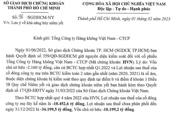 Thông báo của HOSE lưu ý khả năng hủy niêm yết của HVN. Thông báo của HOSE lưu ý khả năng hủy niêm yết của HVN.