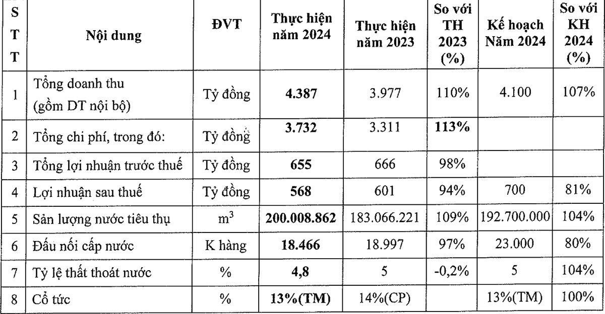Kết quả kinh doanh năm 2024 của Biwase so với năm 2023 và kế hoạch Kết quả kinh doanh năm 2024 của Biwase so với năm 2023 và kế hoạch