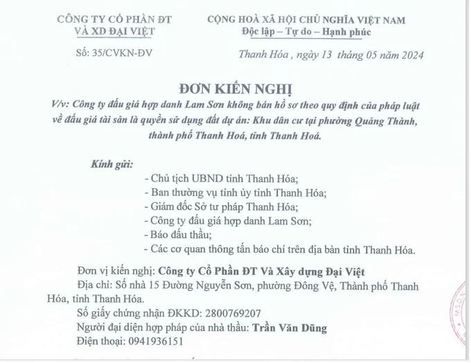 Đơn Kiến nghị của Công ty Cổ phần ĐT và XD Đại Việt ngày 13/5/2024.