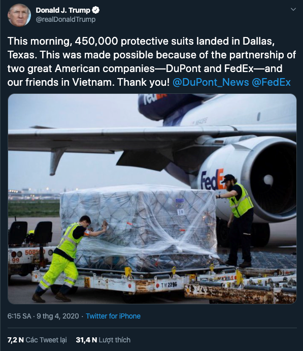 Tổng thống Mỹ Trump cảm ơn Việt Nam chuyển 450.000 bộ quần áo bảo hộ ảnh 1 Tổng thống Mỹ Trump cảm ơn Việt Nam chuyển 450.000 bộ quần áo bảo hộ ảnh 1