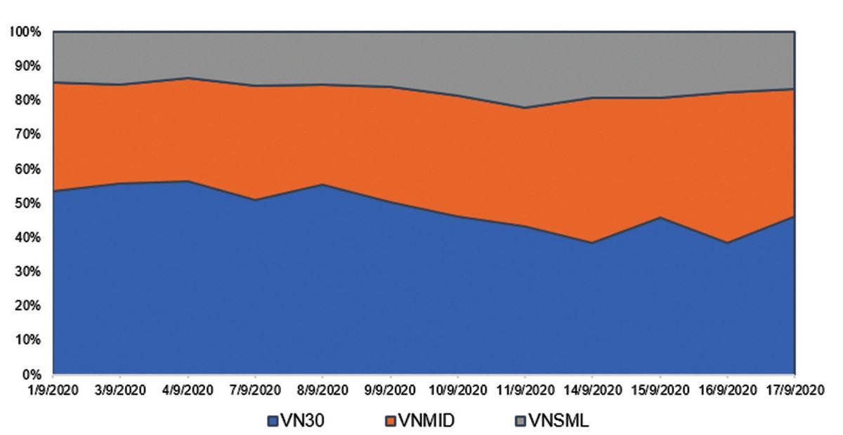 Cơ cấu dòng tiền chảy vào các nhóm cổ phiếu phân theo vốn hóa.