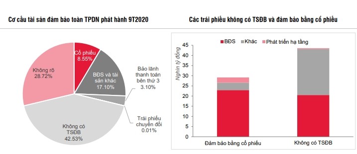 Cơ cấu tài sản đảm bảo của TPDN phát hành 9 tháng đầu năm 2020 (Nguồn: SSI). Cơ cấu tài sản đảm bảo của TPDN phát hành 9 tháng đầu năm 2020 (Nguồn: SSI).