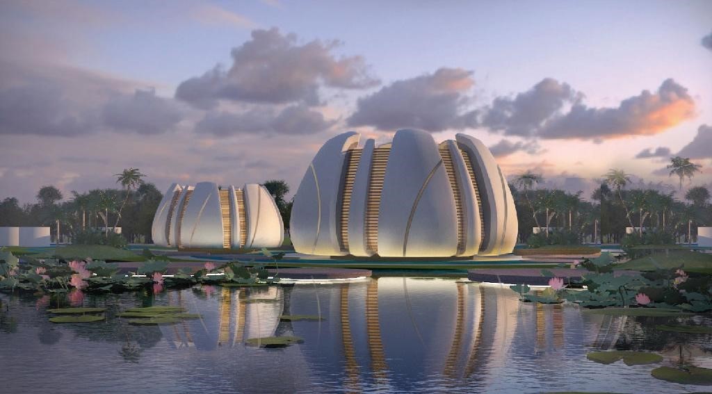 Cụm công trình được thiết kế theo hình hoa sen đầy tính biểu tượng. Cụm công trình được thiết kế theo hình hoa sen đầy tính biểu tượng.