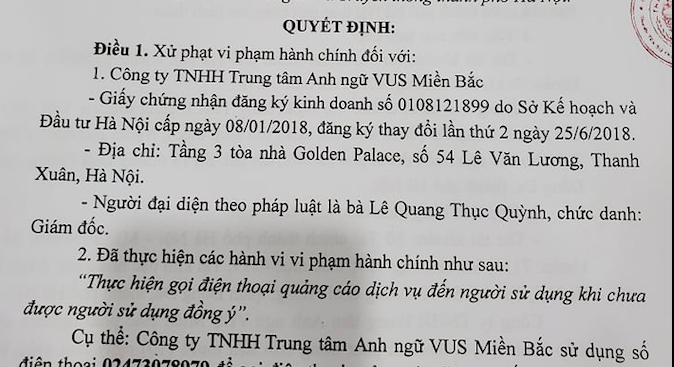 Quyết định xử phạt của Thanh tra Sở Thông tin và Truyền thông Hà Nội. Quyết định xử phạt của Thanh tra Sở Thông tin và Truyền thông Hà Nội.