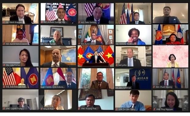 Lễ kỷ niệm trực tuyến 53 năm thành lập Hiệp hội các quốc gia Đông Nam Á (ASEAN) tại Washington DC. (Ảnh: Đặng Huyền/TTXVN).