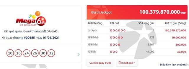 Ngày đầu năm mới đã có một tấm vé số trúng độc đắc của sản phẩm Mega 6/45 trị giá hơn 100 tỷ đồng. Ngày đầu năm mới đã có một tấm vé số trúng độc đắc của sản phẩm Mega 6/45 trị giá hơn 100 tỷ đồng.