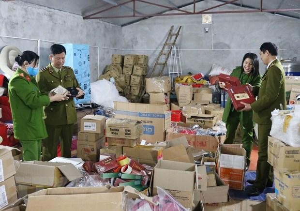 Đoàn kiểm tra liên ngành kiểm tra kho hàng hóa nghi nhập lậu tại Thái Nguyên. (Ảnh: Trần Trang/TTXVN).