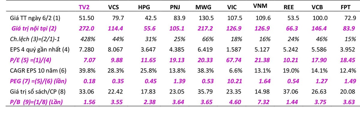 Bảng so sánh giá thị trường ngày 6/2 với giá trị nội tại, P/E, PEG, P/B của 10 CP tăng trưởng nhất: