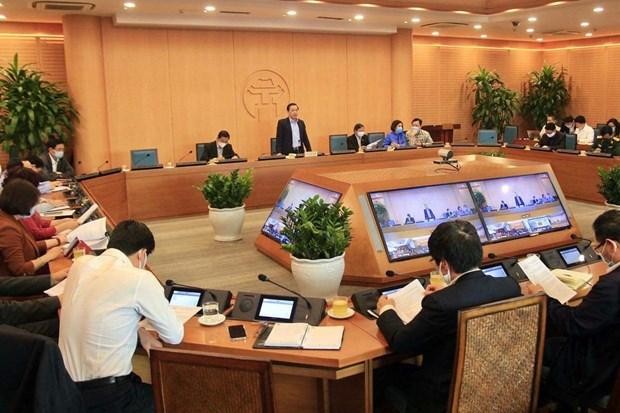 Cuộc họp của Ban Chỉ đạo COVID-19 thành phố Hà Nội. (Ảnh: PV/Vietnam+).