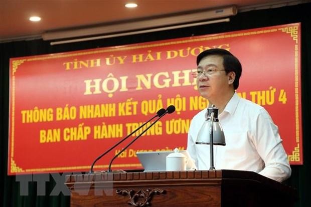 viên Trung ương Đảng, Bí thư Tỉnh ủy Hải Dương Phạm Xuân Thăng thông báo nhanh kết quả Hội nghị Trung ương 4 khóa XIII. (Ảnh: Mạnh Tú/TTXVN). viên Trung ương Đảng, Bí thư Tỉnh ủy Hải Dương Phạm Xuân Thăng thông báo nhanh kết quả Hội nghị Trung ương 4 khóa XIII. (Ảnh: Mạnh Tú/TTXVN).