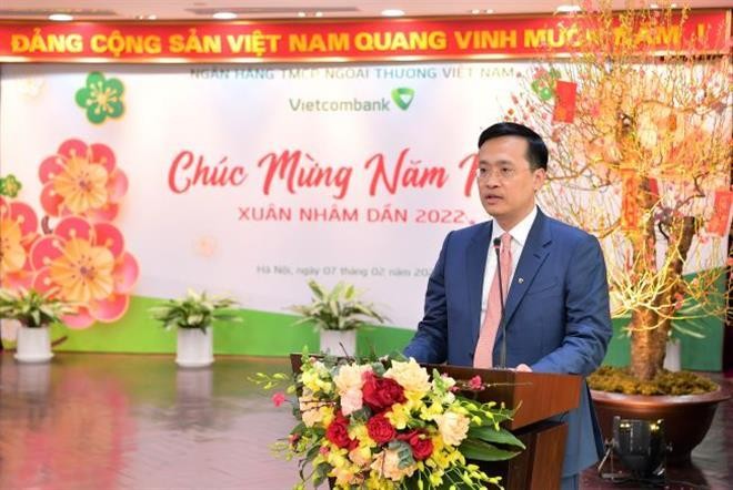 Ông Phạm Quang Dũng - Ủy viên BTV Đảng ủy Khối DNTW, Bí thư Đảng uỷ, Chủ tịch HĐQT Vietcombank cảm ơn và chúc Tết các cấp lãnh đạo Đảng ủy Khối DNTW và NHNN.