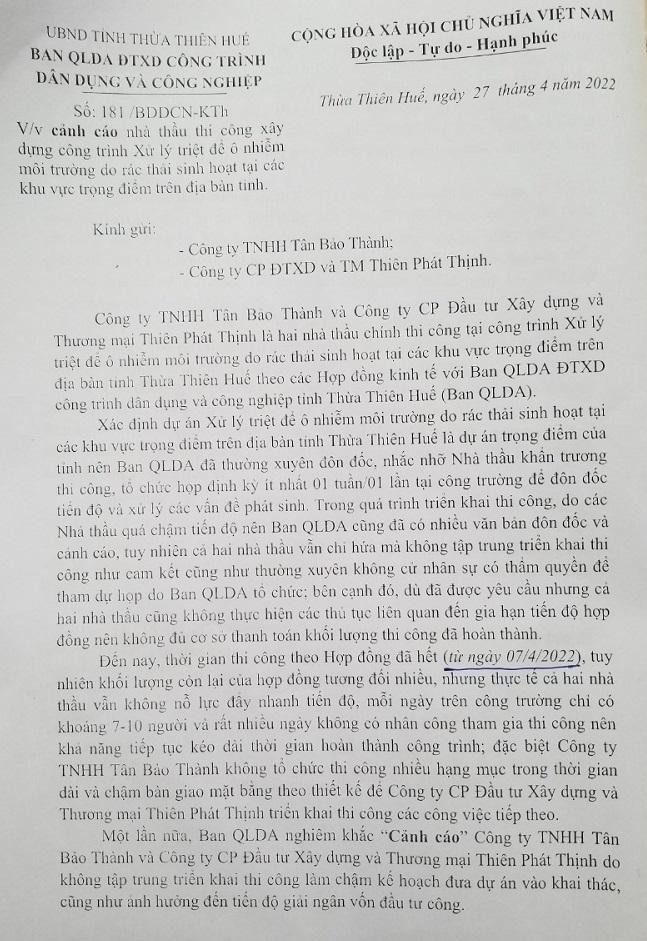Ban Quản lý dự án Đầu tư và Xây dựng công trình dân dụng và Công nghiệp tỉnh Thừa Thiên Huế đã vừa phát văn bản cảnh cáo, yêu cầu 2 nhà thầu thi công là Công ty TNHH Tân Bảo Thành và Công ty Cổ phần Thiên Phát Thịnh đẩy nhanh tiến độ thi công dự án. Ban Quản lý dự án Đầu tư và Xây dựng công trình dân dụng và Công nghiệp tỉnh Thừa Thiên Huế đã vừa phát văn bản cảnh cáo, yêu cầu 2 nhà thầu thi công là Công ty TNHH Tân Bảo Thành và Công ty Cổ phần Thiên Phát Thịnh đẩy nhanh tiến độ thi công dự án.