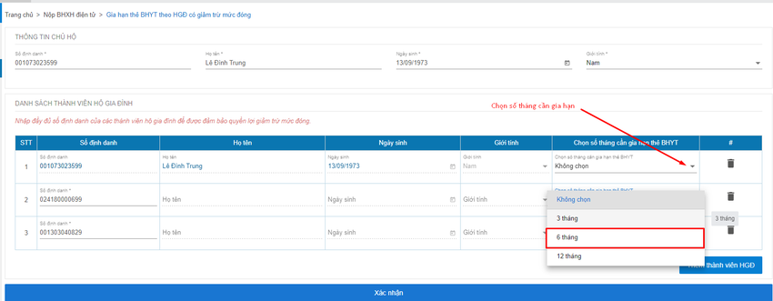 Màn hình chọn số tháng cần gia hạn.