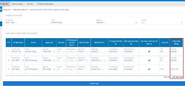 Màn hình xác thực thông tin thành công.