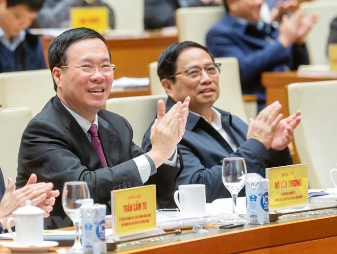 Thủ tướng Phạm Minh Chính, Thường trực Ban Bí thư Võ Văn Thưởng dự Hội nghị. (Ảnh: TTXVN). Thủ tướng Phạm Minh Chính, Thường trực Ban Bí thư Võ Văn Thưởng dự Hội nghị. (Ảnh: TTXVN).
