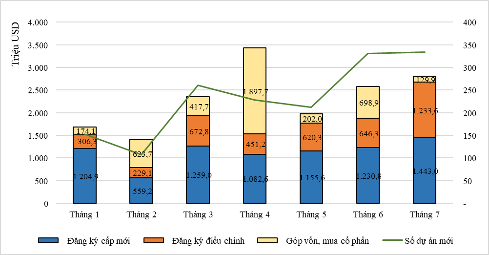 Vốn đầu tư nước ngoài theo tháng và theo cách thức đầu tư.