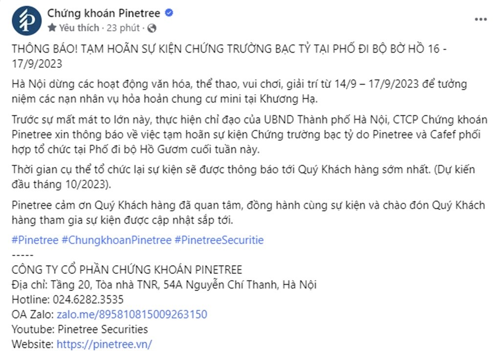 Thông báo từ Fanpage Công ty Chứng khoán Pinetree mới đây.