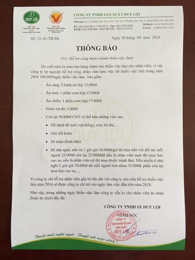 “Té ghế” với công văn hỗ trợ nhân viên của đại gia Duy Lợi ảnh 1 Văn bản của đại gia võng xếp Duy Lợi đang được chia sẻ trên mạng xã hội