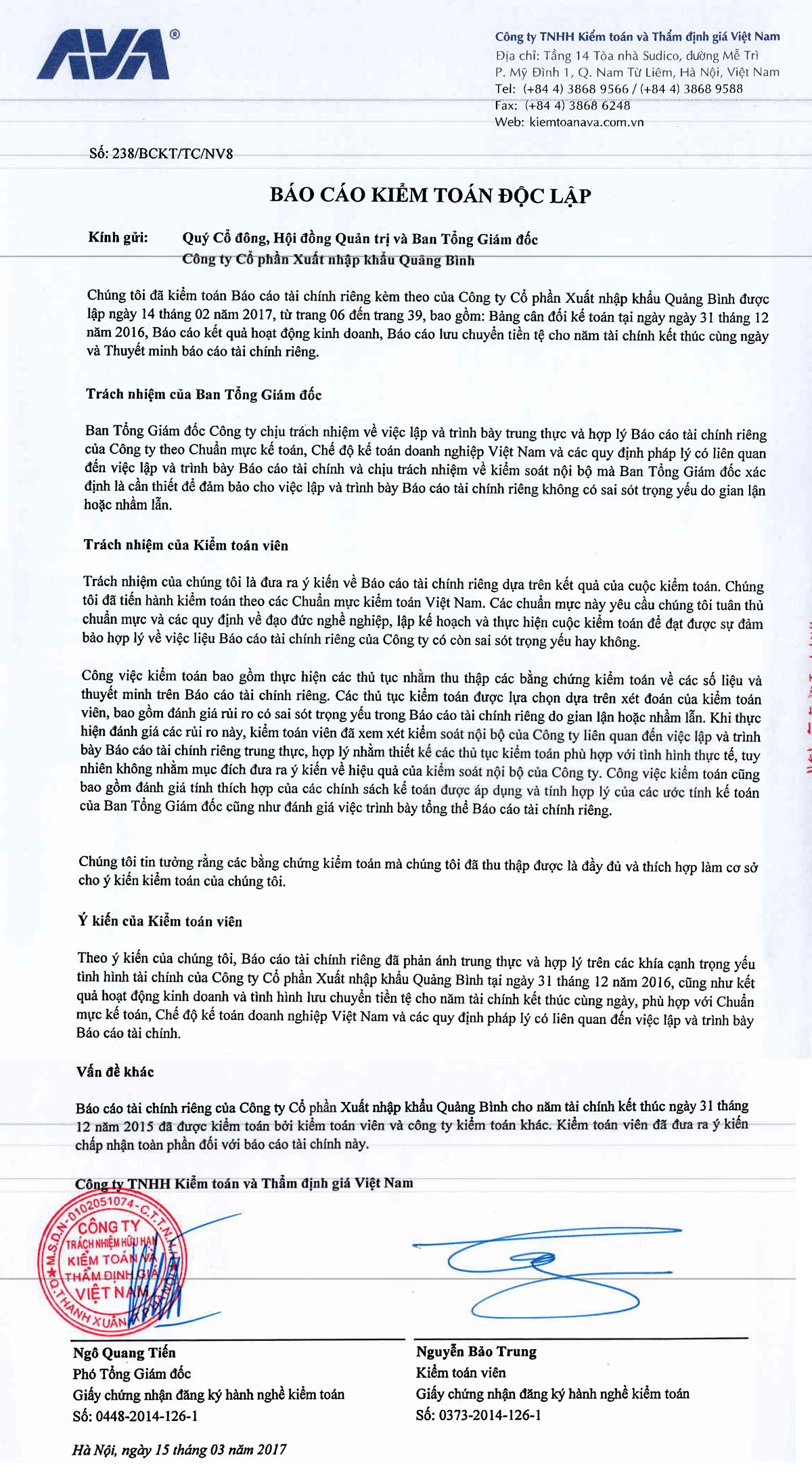 CTCP Xuất nhập khẩu Quảng Bình công bố BCTC năm 2016 kiểm toán ảnh 1
