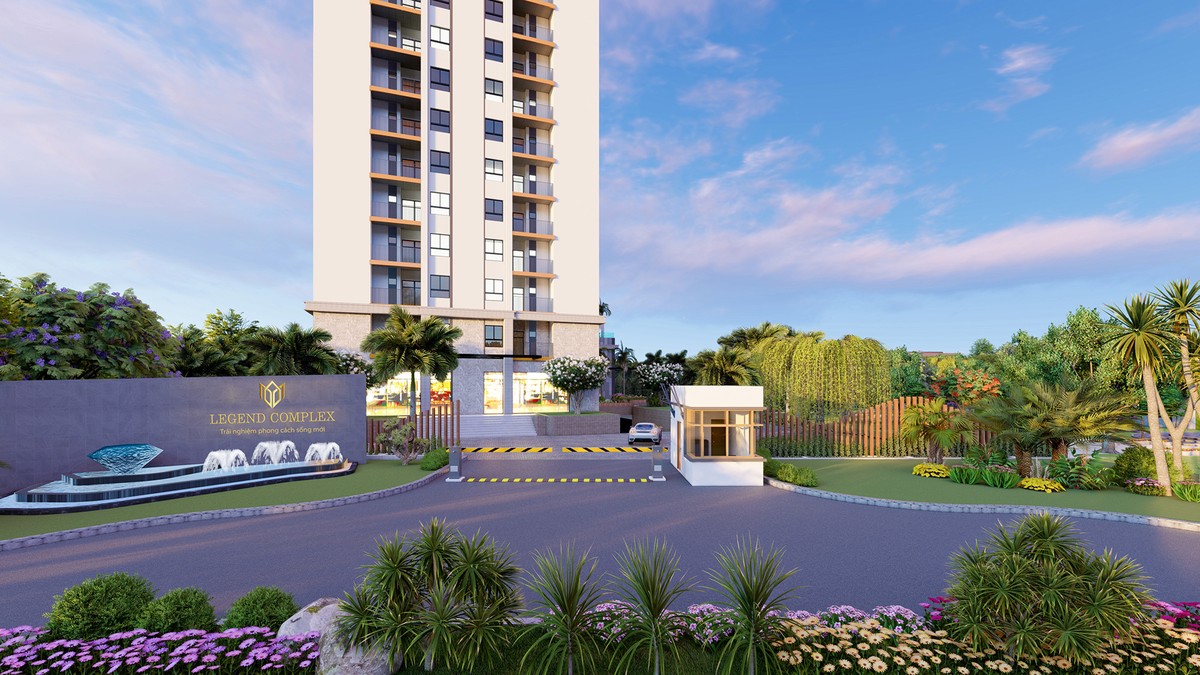 Cổng vào khu căn hộ phức hợp Legend Complex với chốt bảo vệ và tường rào an ninh bao quanh.
