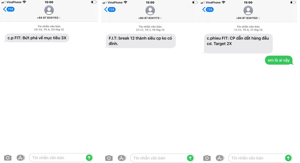 Liên tiếp các số lạ nhắn đến để kích mua cổ phiếu FIT. Liên tiếp các số lạ nhắn đến để kích mua cổ phiếu FIT.