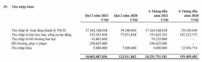 Cơ cấu thu nhập khác trong quý II/2021 của AFX