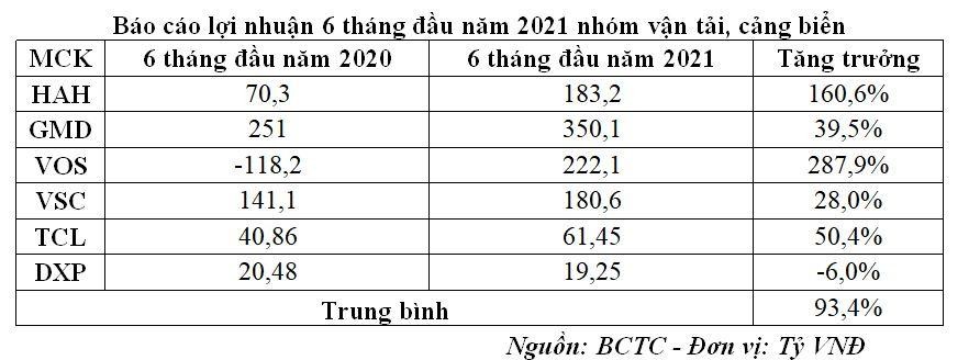 Báo cáo lợi nhuận 6 tháng đầu năm 2021 nhóm vận tải, cảng biển Báo cáo lợi nhuận 6 tháng đầu năm 2021 nhóm vận tải, cảng biển