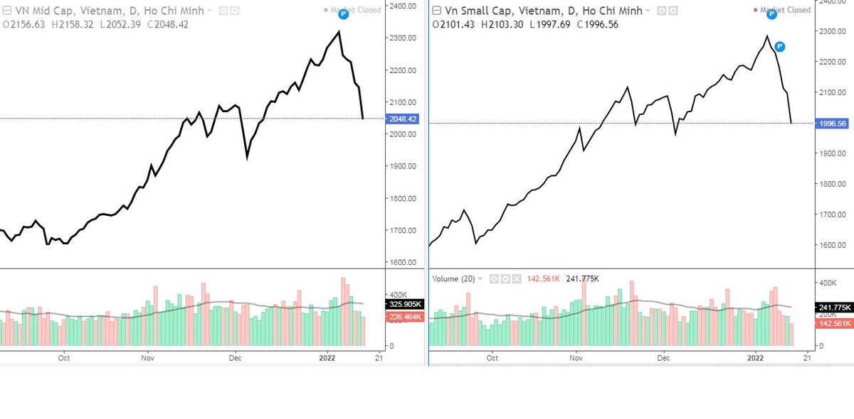 Chỉ số Midcap và Smallcap giảm mạnh trong những phiên gần đây (Nguồn: Investing.com) Chỉ số Midcap và Smallcap giảm mạnh trong những phiên gần đây (Nguồn: Investing.com)