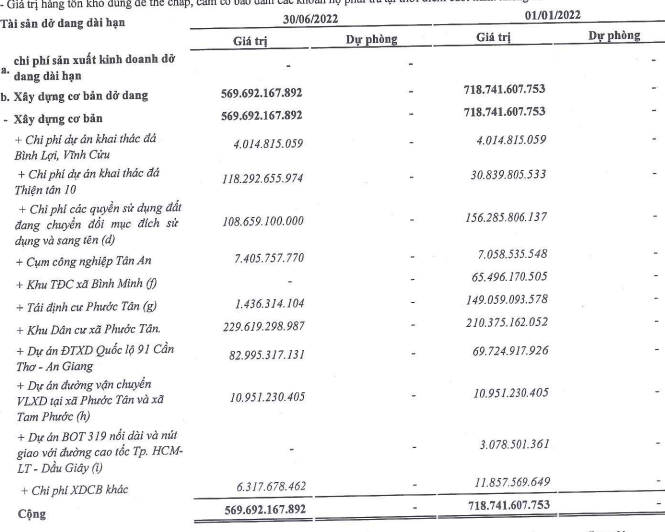Cơ cấu tài sản dở dang dài hạn của CTI tới 30/6/2022.