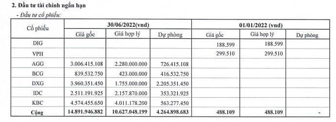 Danh mục đầu tư cổ phiếu của DC4 tới 30/6/2022.