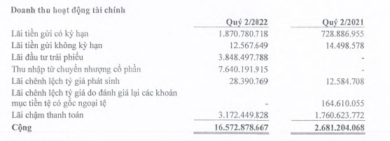 Cơ cấu doanh thu tài chính quý II của TNA.
